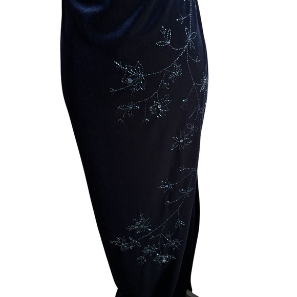 Y2K Velvet Maxi Slip Dress Spaghetti Strap  Beaded Floral Formal Navy Blue 7/8 - Picture 3 of 11